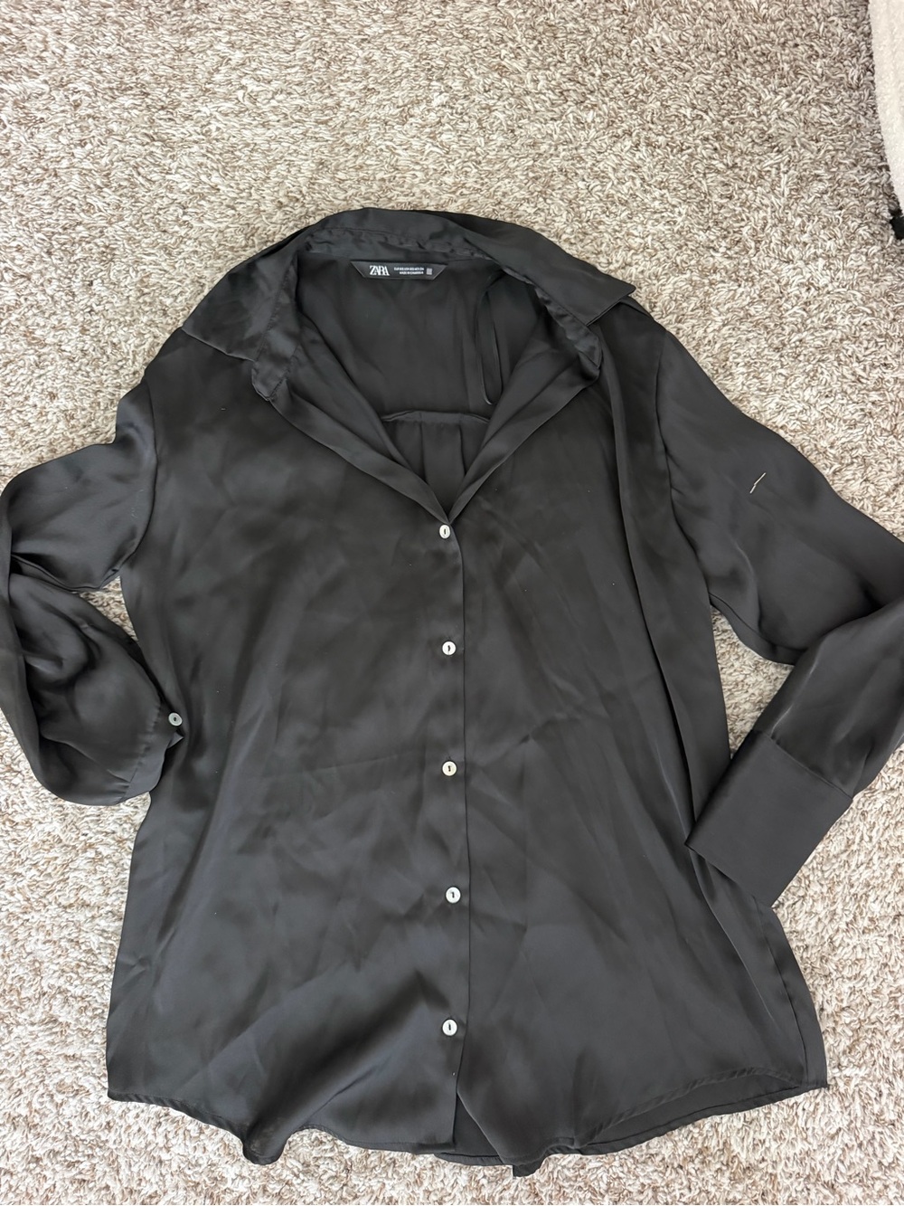 Zara Black Satin-Look Women's Button-Front Blouse